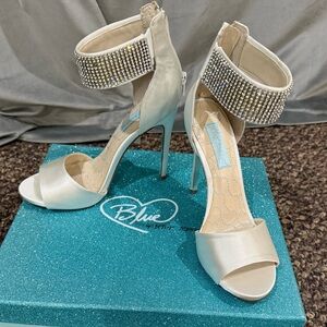 Blue by Betsey Johnson Satin Ivory Heels with Rhinestone Straps